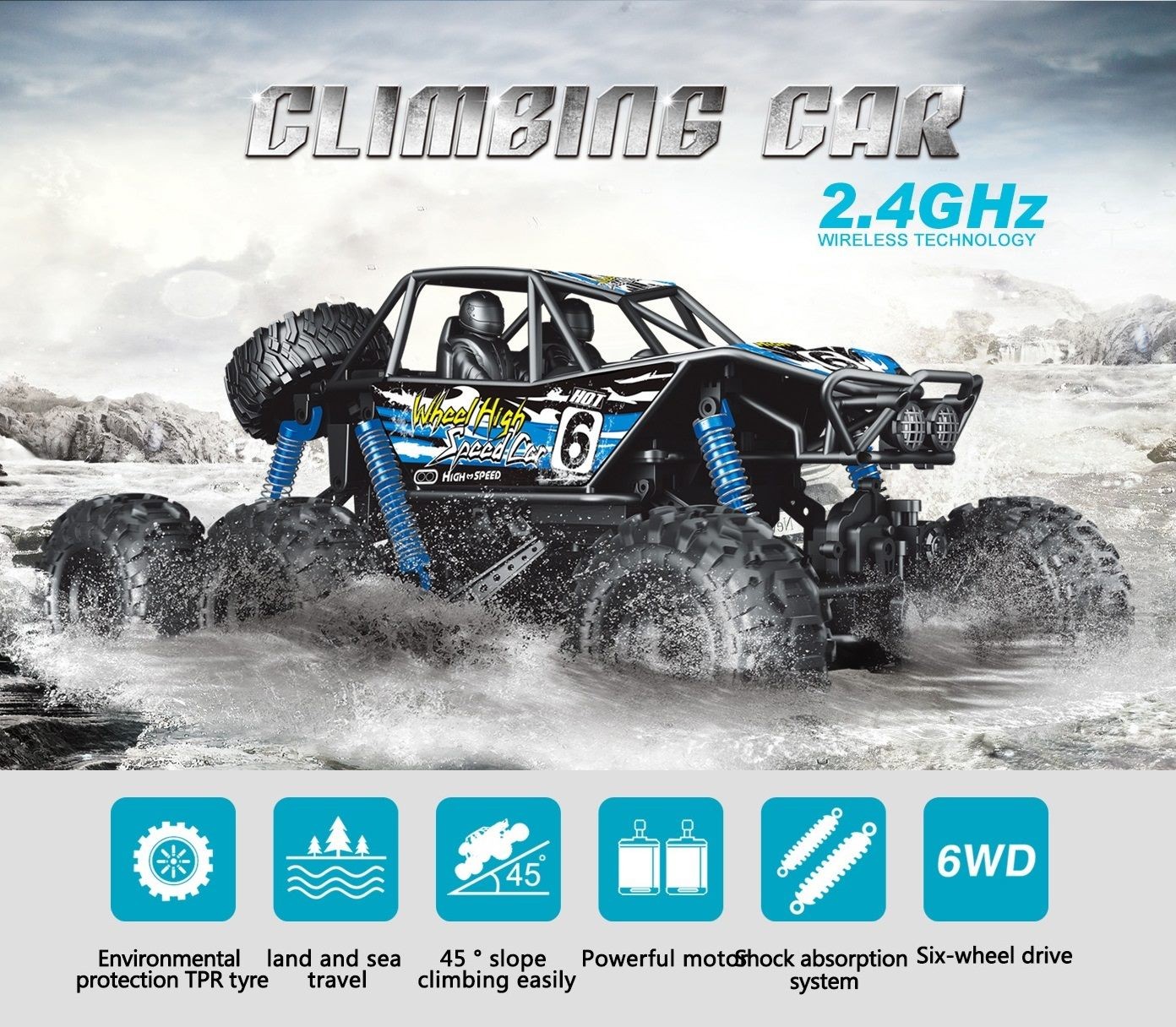 RC Car, Remote Control 6 Wheels, Waterproof Climbing Car, 1:8 Super Big, Orange