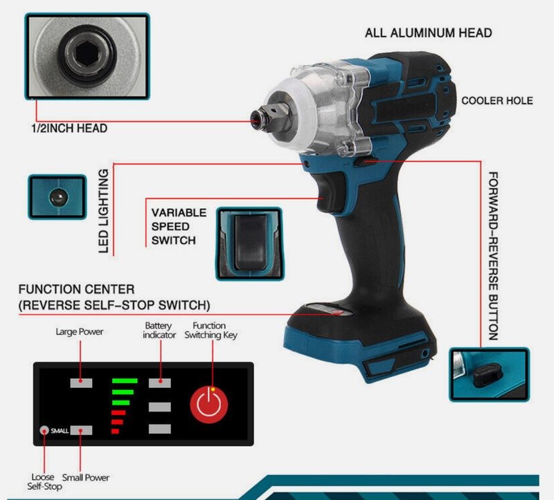 1/2" Cordless Impact Wrench Brushless Driver Torque