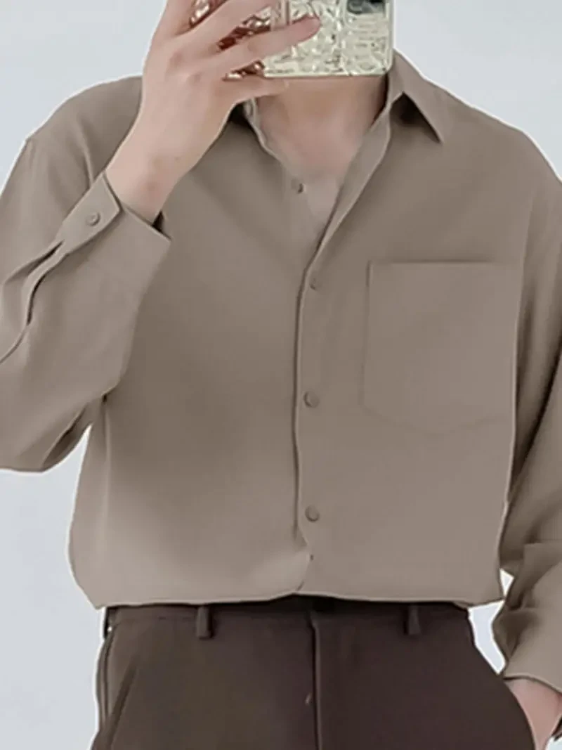 Classic Lapel Collar Mens Solid Color Long Sleeve Shirt