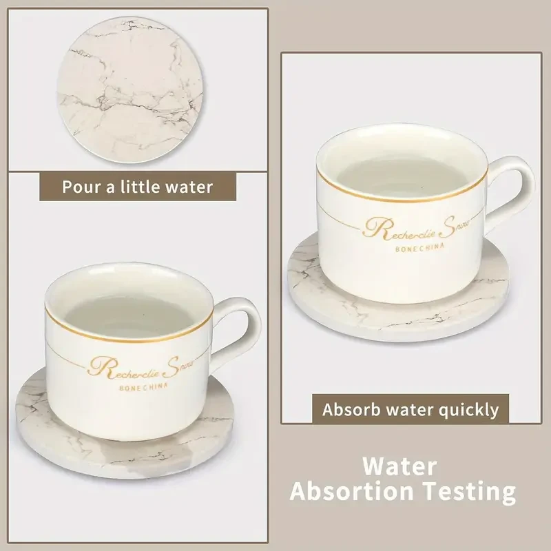 6pcs White Marble Ceramic Coaster Set with Golden Holder