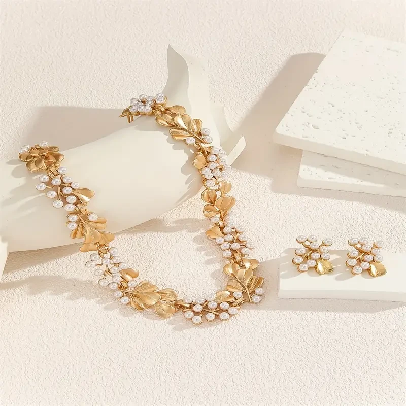 Elegant Boho-Chic Faux Pearl & Golden Leaf Jewelry Set