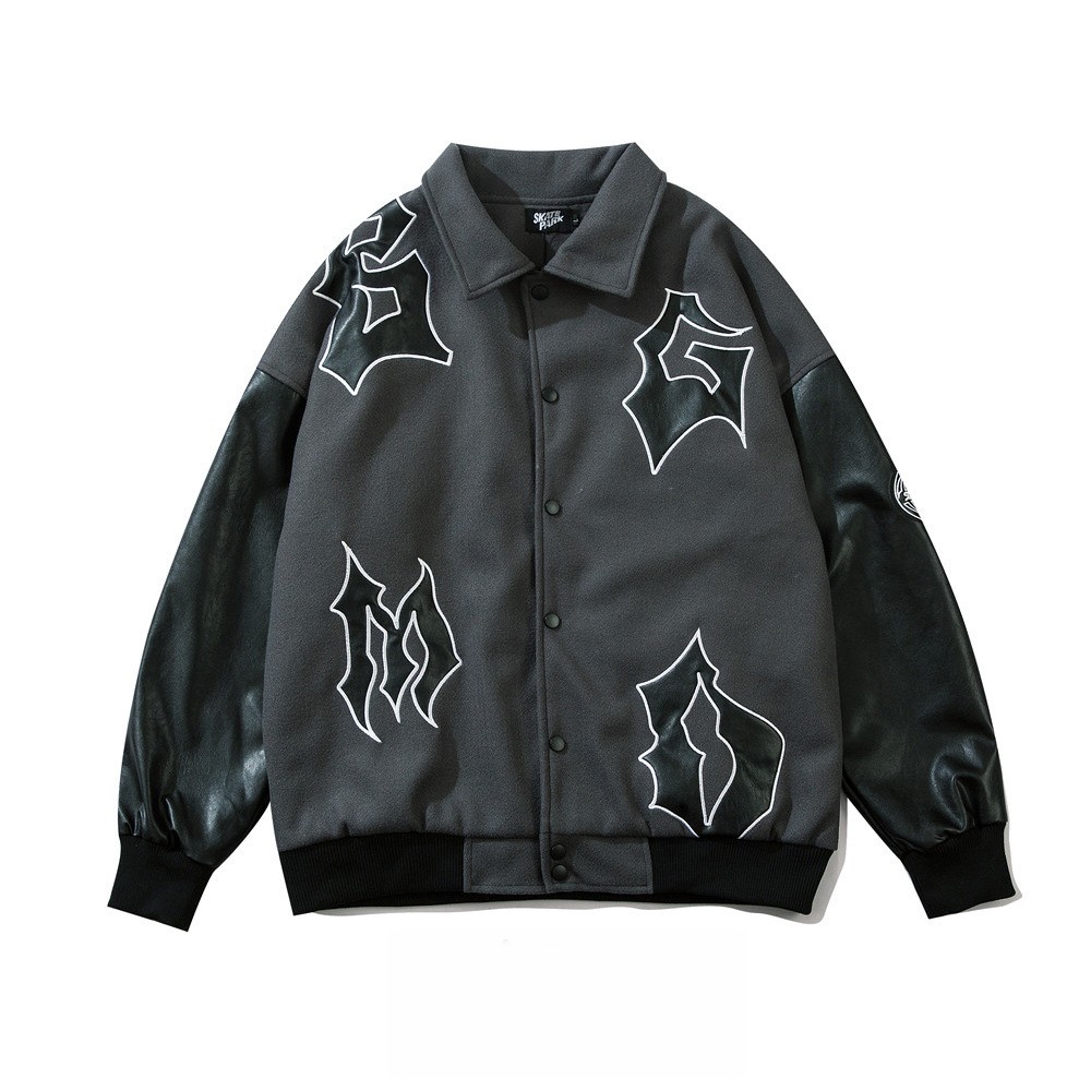 Men's Embroidered Letters PU Leather Sleeve Stitching Baseball Uniform