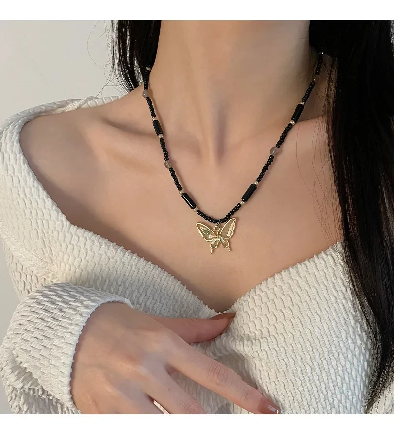 Black Beaded Butterfly Pendant Necklace