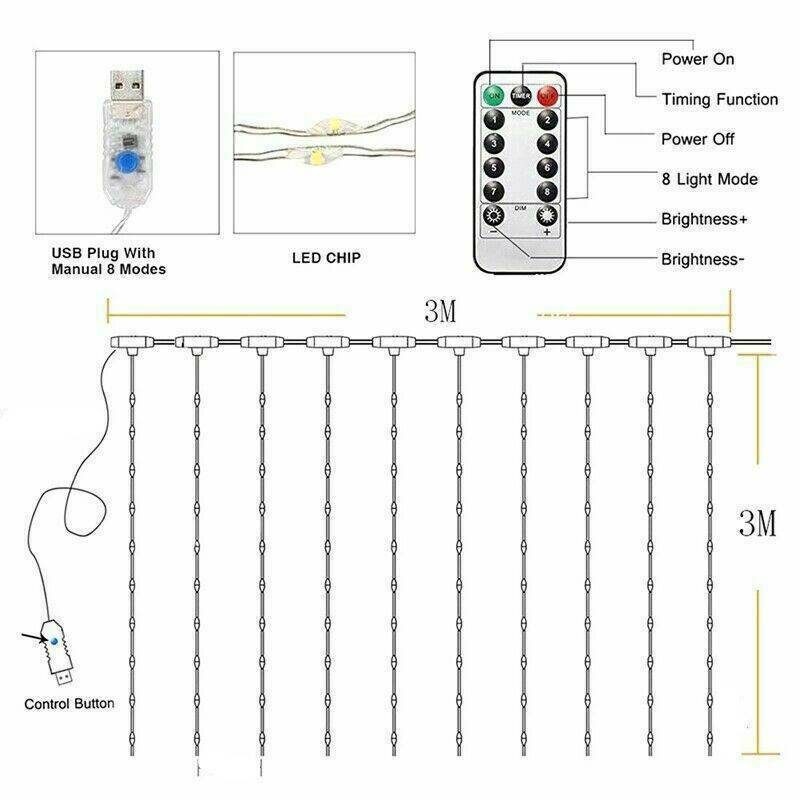 String Lights Curtain Lights Fairy Wall Lights 300 Led 3m*3m USB