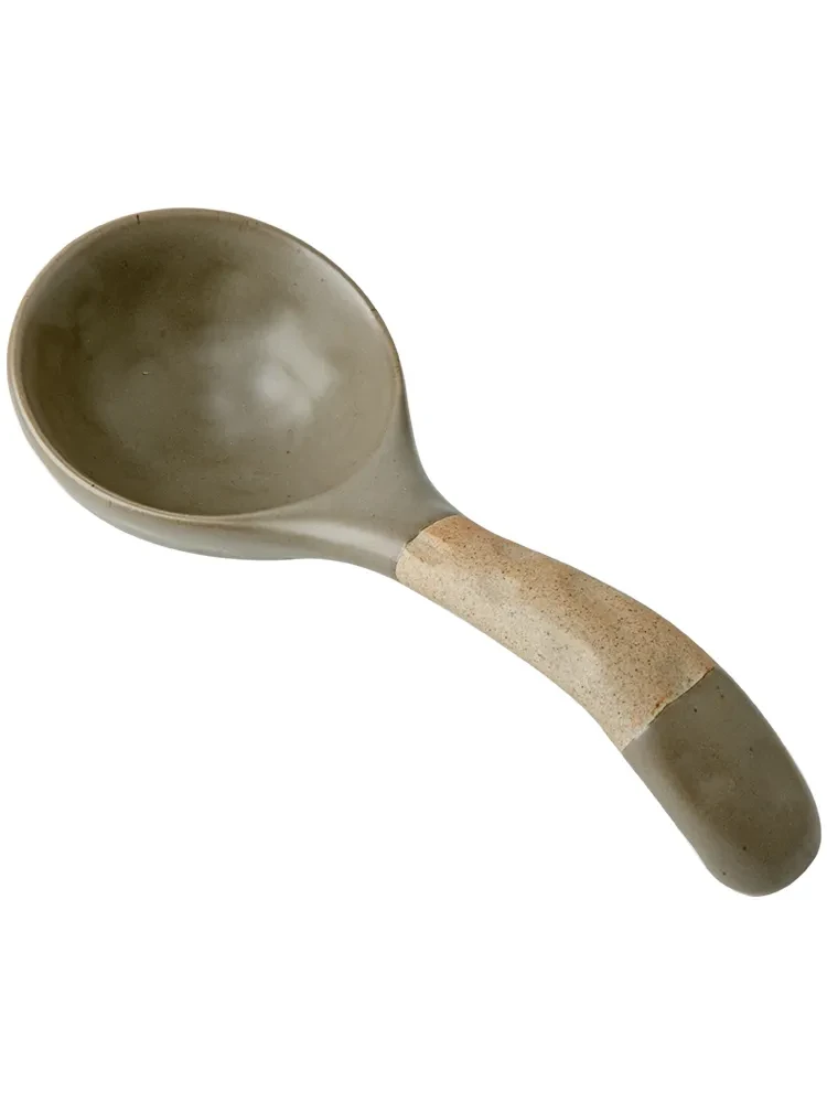 Ceramic Thickened Retro Stoneware Large Long-handle Spoon Household