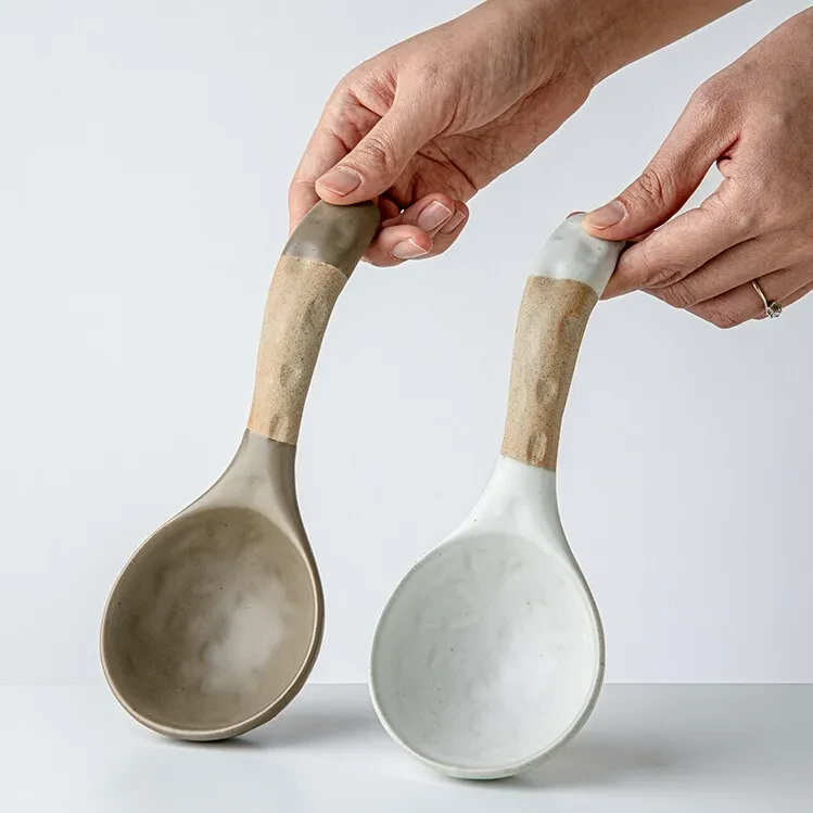 Ceramic Thickened Retro Stoneware Large Long-handle Spoon Household