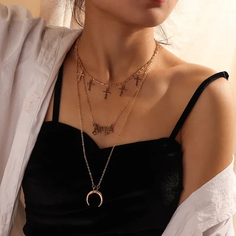 Pendant Metal Crescent Cross Necklace