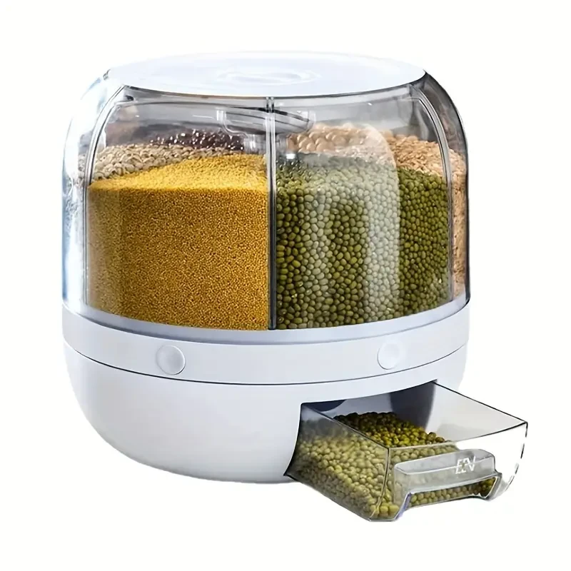 Rotating 6-Grid Rice Dispenser - Multi-Compartment Rice Storage Container
