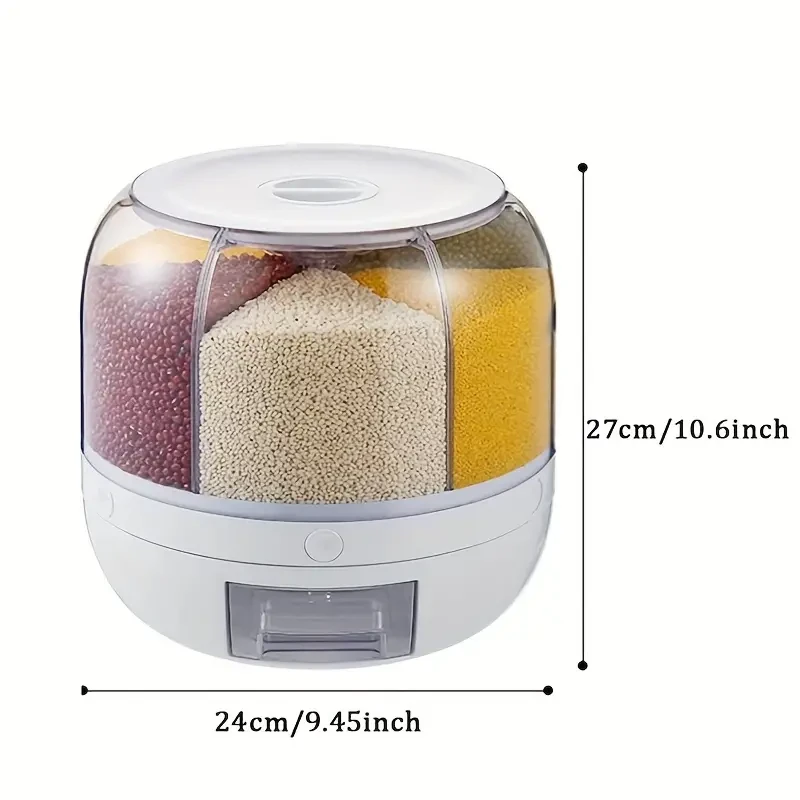 Rotating 6-Grid Rice Dispenser - Multi-Compartment Rice Storage Container