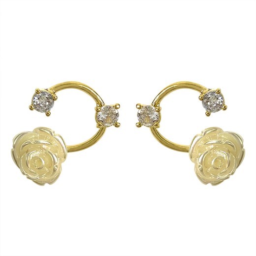 White Rose Rhinestone Silver Stud Earrings Simple French