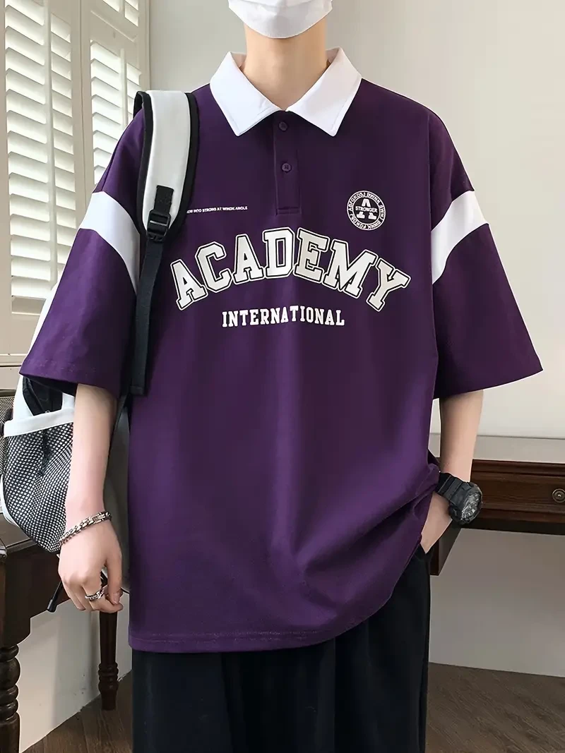 Men's Loose Color Matching ACADEMY Print Golf Shirt
