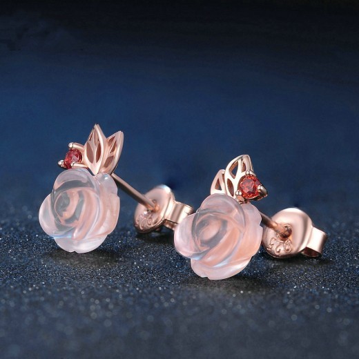 S925 Sterling Silver Rose flower Pink Crystal Stud Earrings