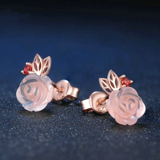 S925 Sterling Silver Rose flower Pink Crystal Stud Earrings