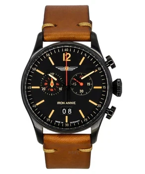 Iron Annie Flight Control Chronograph Leather Strap Black Dial Swiss Quartz 51842 Men's Watch
