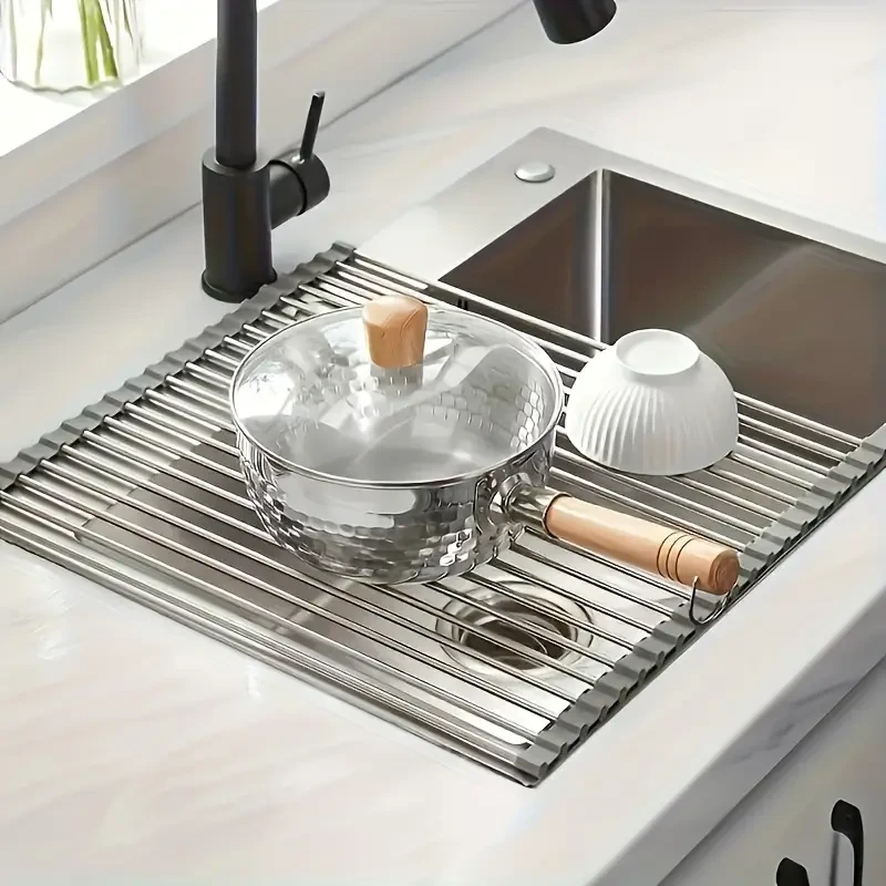 1pc WONGIRL Stainless Steel Roll-Up Dish Drying Rack