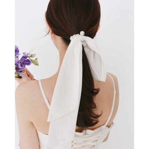 Handmade Simple White Satin Pearl Bow Hair Loop