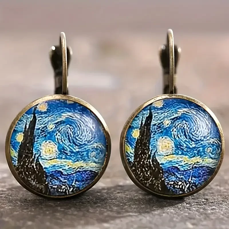 Starry Night Inspired Glass Cabochon Drop Earrings