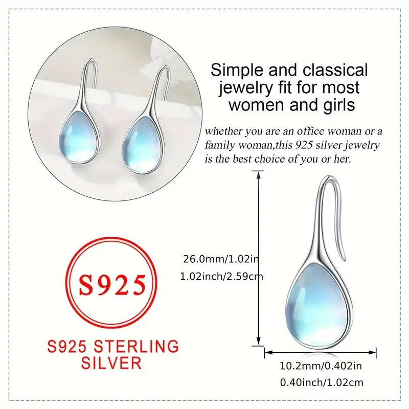 1 Pair Elegant 925 Sterling Silver Teardrop Faux Moonstone Earrings