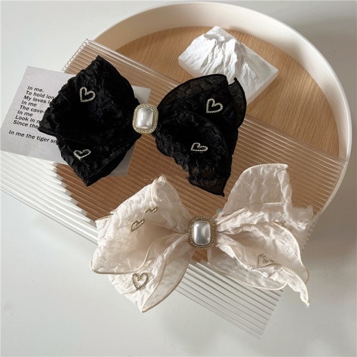 New Black Lace Hair Clip Retro Bow Love Rhinestone Spring