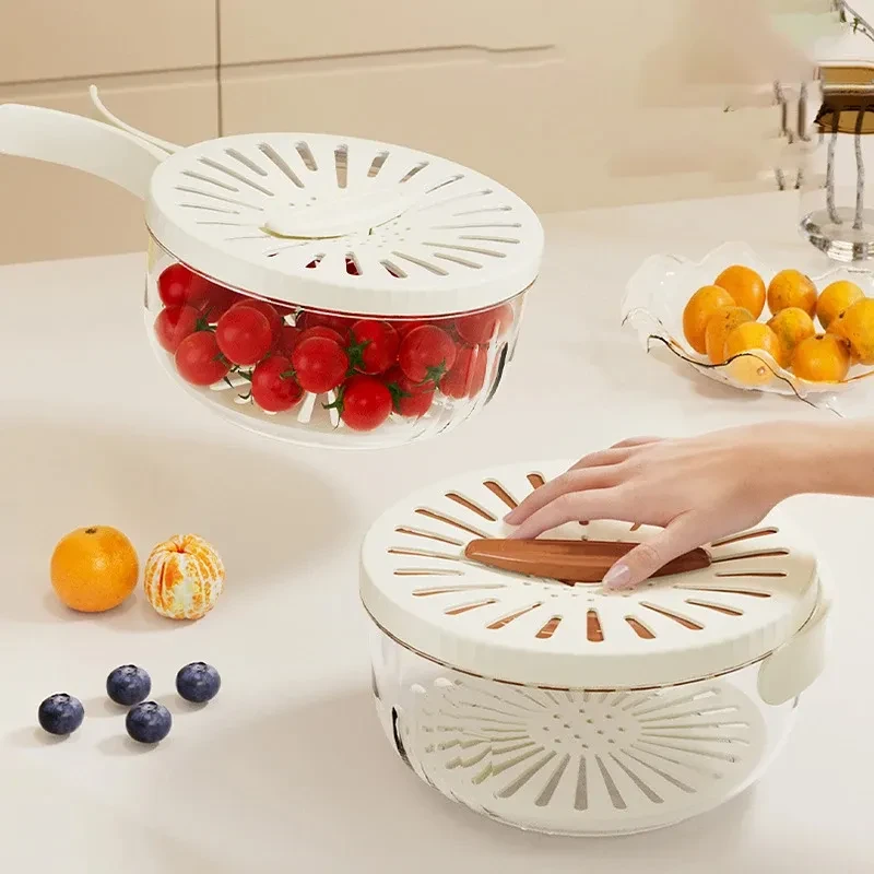 Fruit Drain Basket With Lid Vegetable Washing Bowl Foldable Handle Cleaning Colander