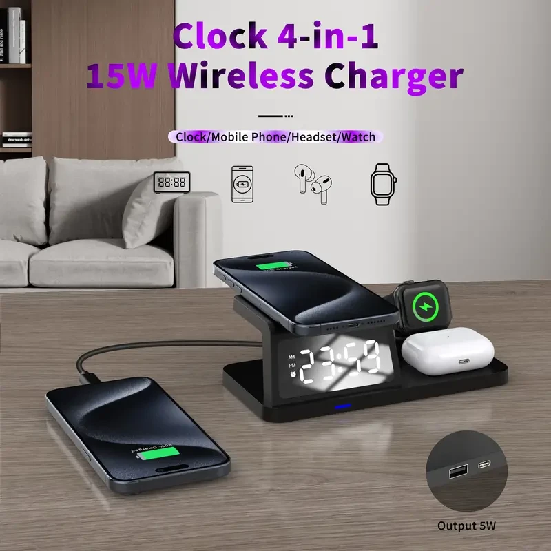 15W Multi-Function Wireless Charger with Clock & TWS Charging