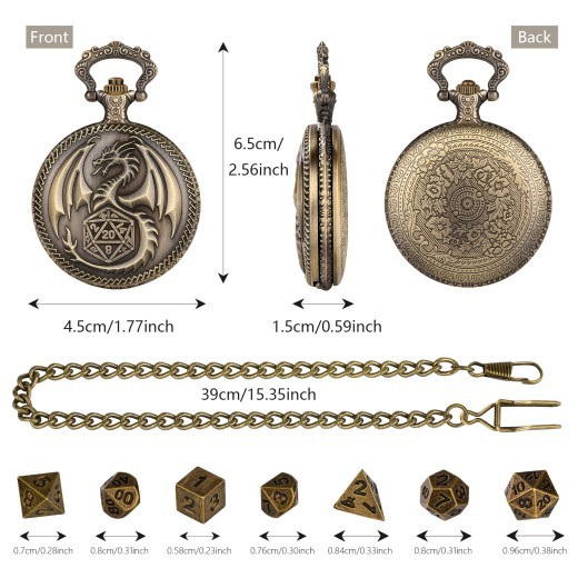 Dragon Pocket Watch Set With Thick Chain And Mini DND Dice Set Equipped With 7 Game Polyhedral Metal Dice Dragon And Dungeon Tabletop Role-playing Game Dice