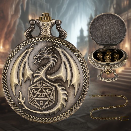 Dragon Pocket Watch Set With Thick Chain And Mini DND Dice Set Equipped With 7 Game Polyhedral Metal Dice Dragon And Dungeon Tabletop Role-playing Game Dice