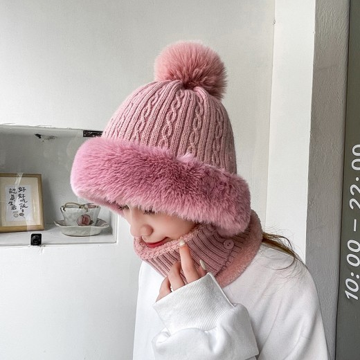 Twist Stripes Knitted Hat Scarf One-piece Fleece-lined Kit