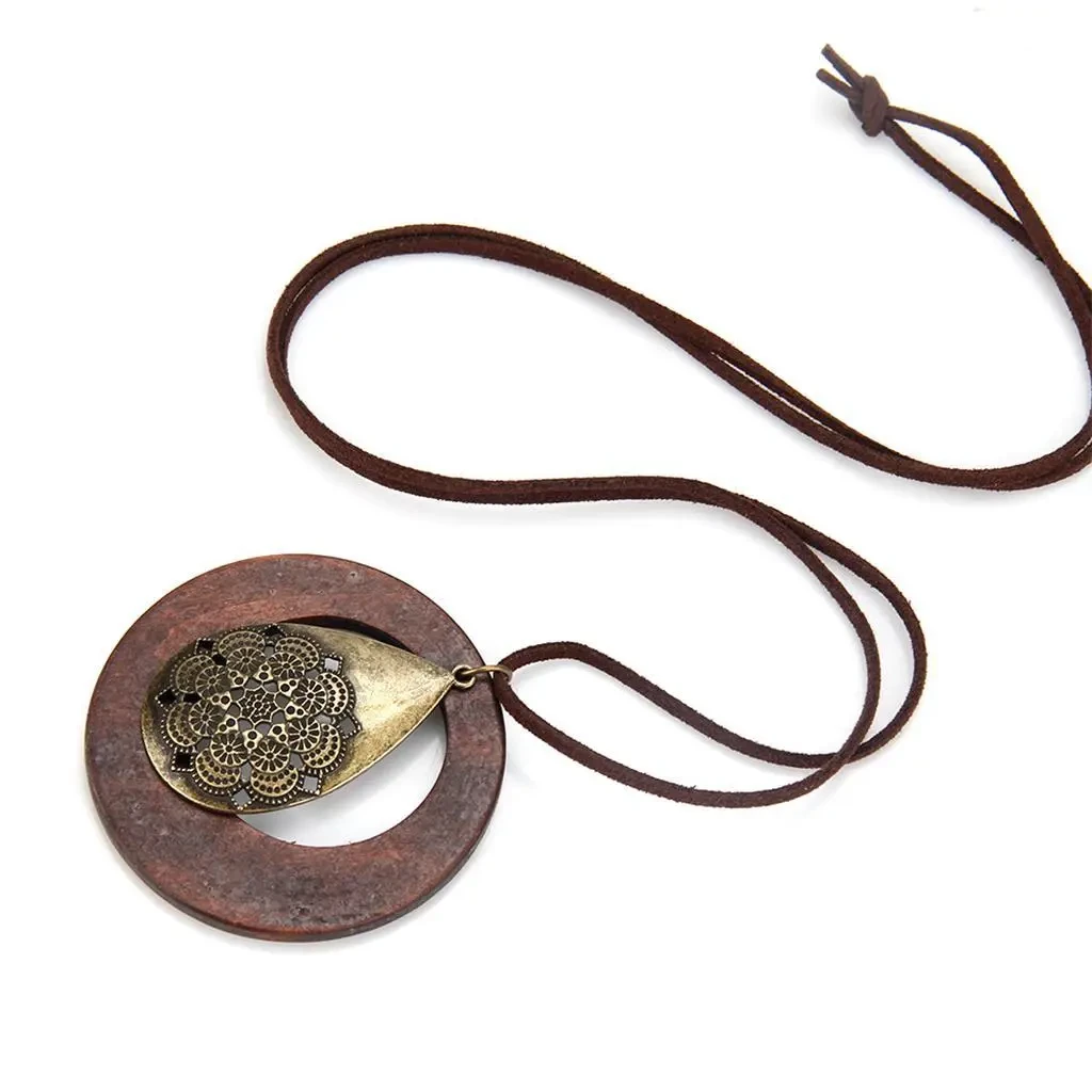 Wood Drop Alloy Pendant Sweater Chain
