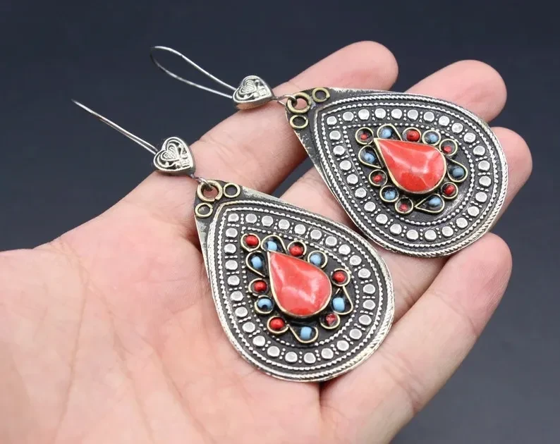 Popular Water Drop Pendant Inlaid Ruby Metal Alloy Earrings