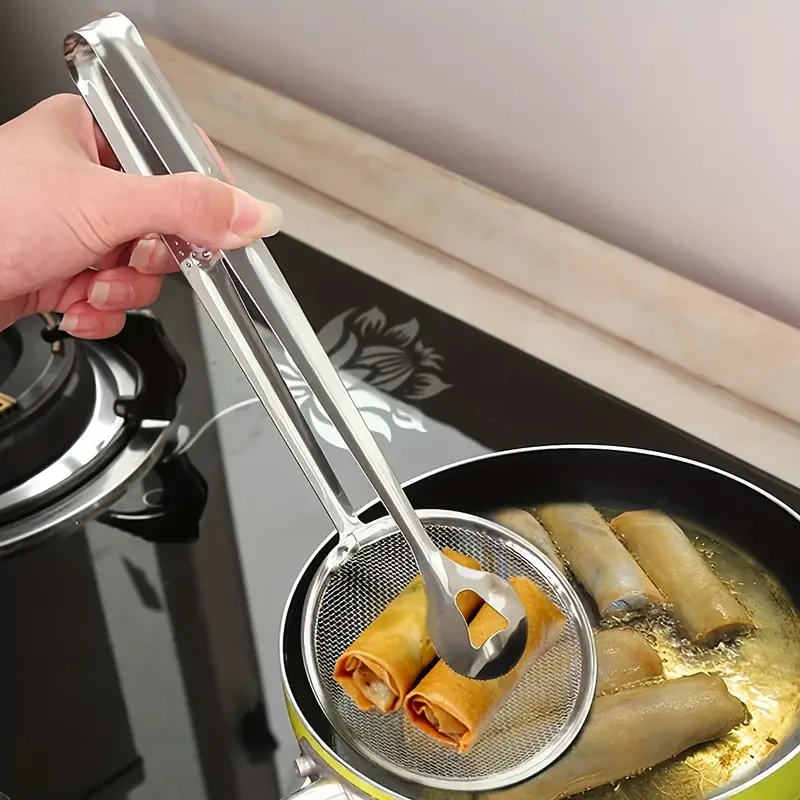 Stainless Steel Frying Oil Filter Clamp & Strainer Spoon