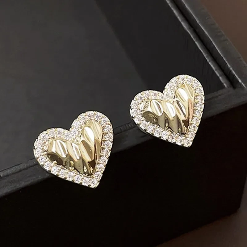 Fashion Pleated Heart-shaped Zircon Silver Pin Earrings Geometric Advanced