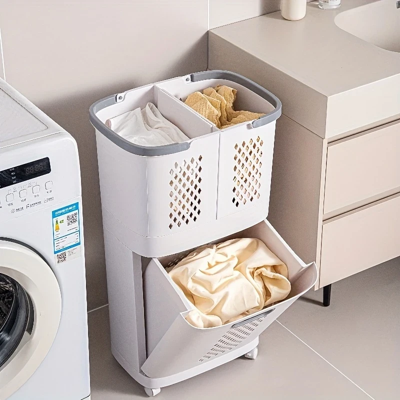 Modern Plastic Laundry Hamper with Dual Compartments and Pull-Out Drawer