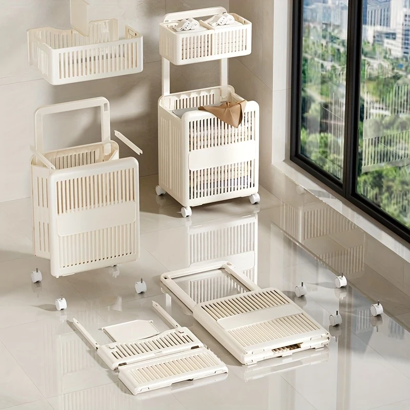 2-layer foldable laundry basket with wheels
