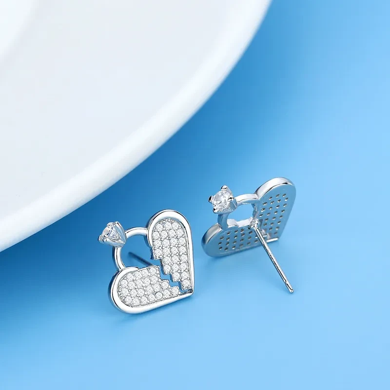Sterling Silver Needle Pairs Of C Stud Earrings Heart-shaped