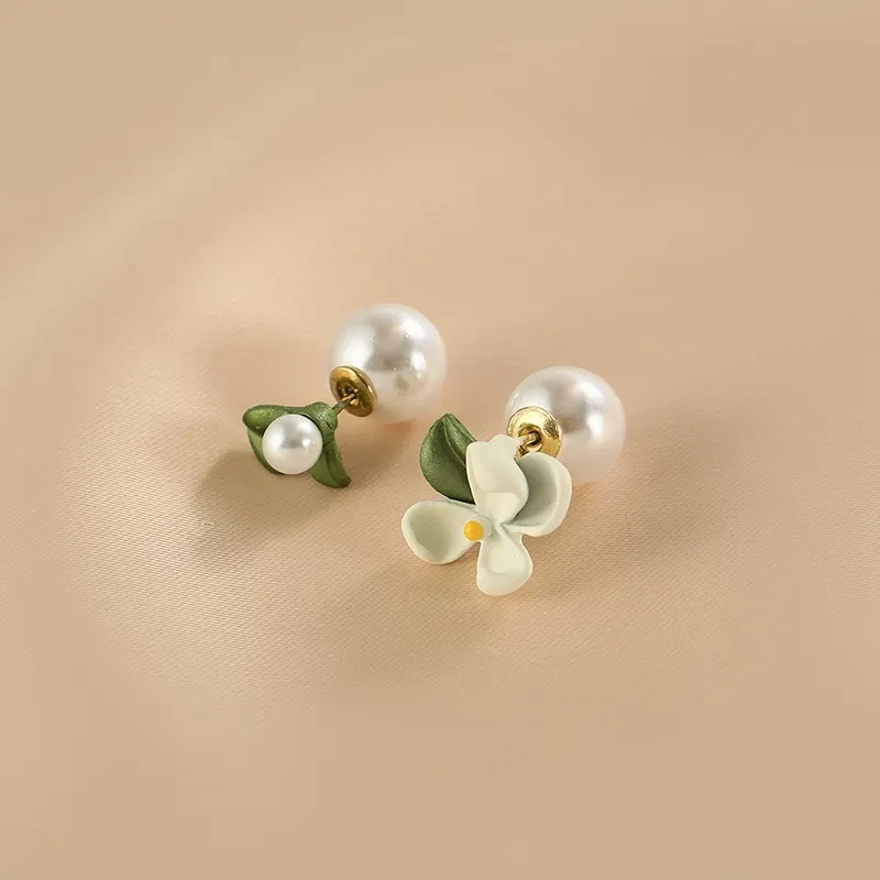 Super Fairy Mori Style Asymmetric Flower Pearl Stud Earrings