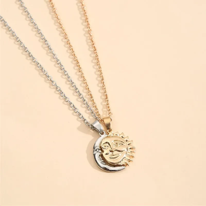 Sun MoonFace Stitching Pendant Necklace Suit