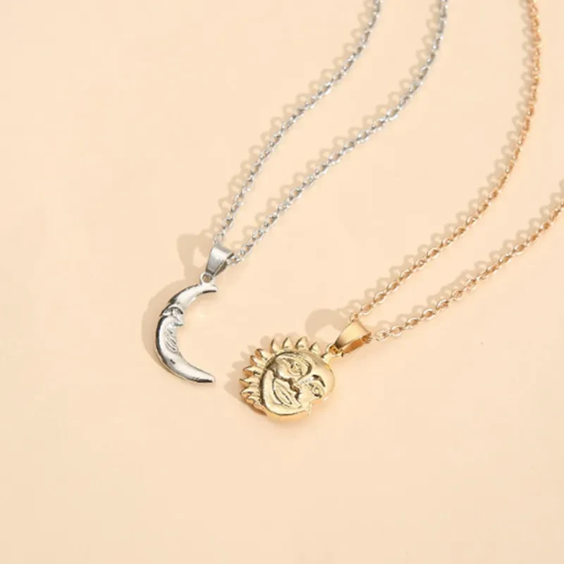 Sun MoonFace Stitching Pendant Necklace Suit