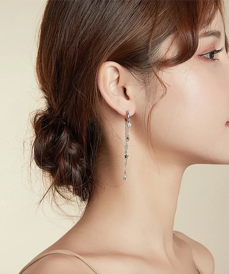 S925 Sterling Silver Star Moon Tassel Earrings