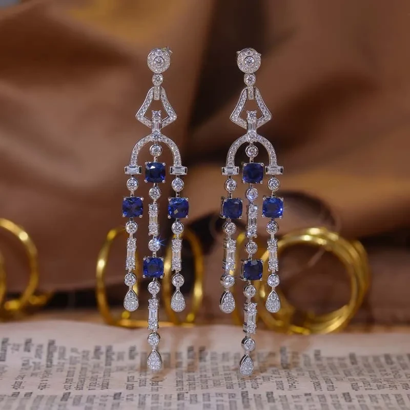 Sapphire 925 Silver Plated Ladies Tassel Eardrops