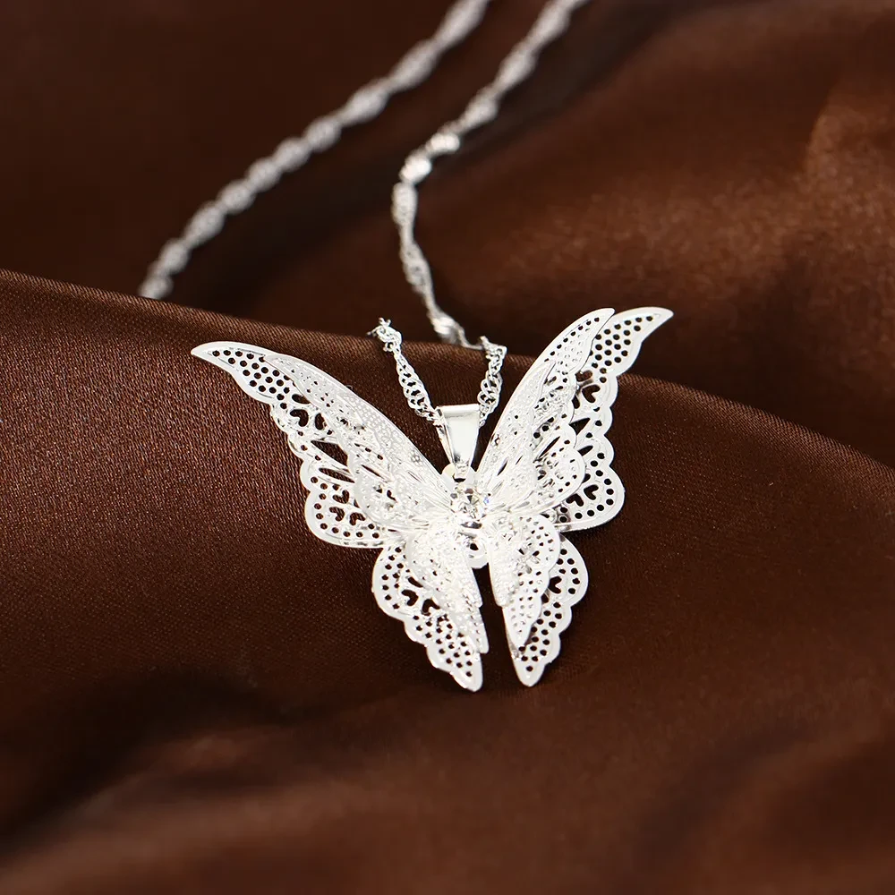 Silver Hollow Pointed Butterfly Pendant Necklace