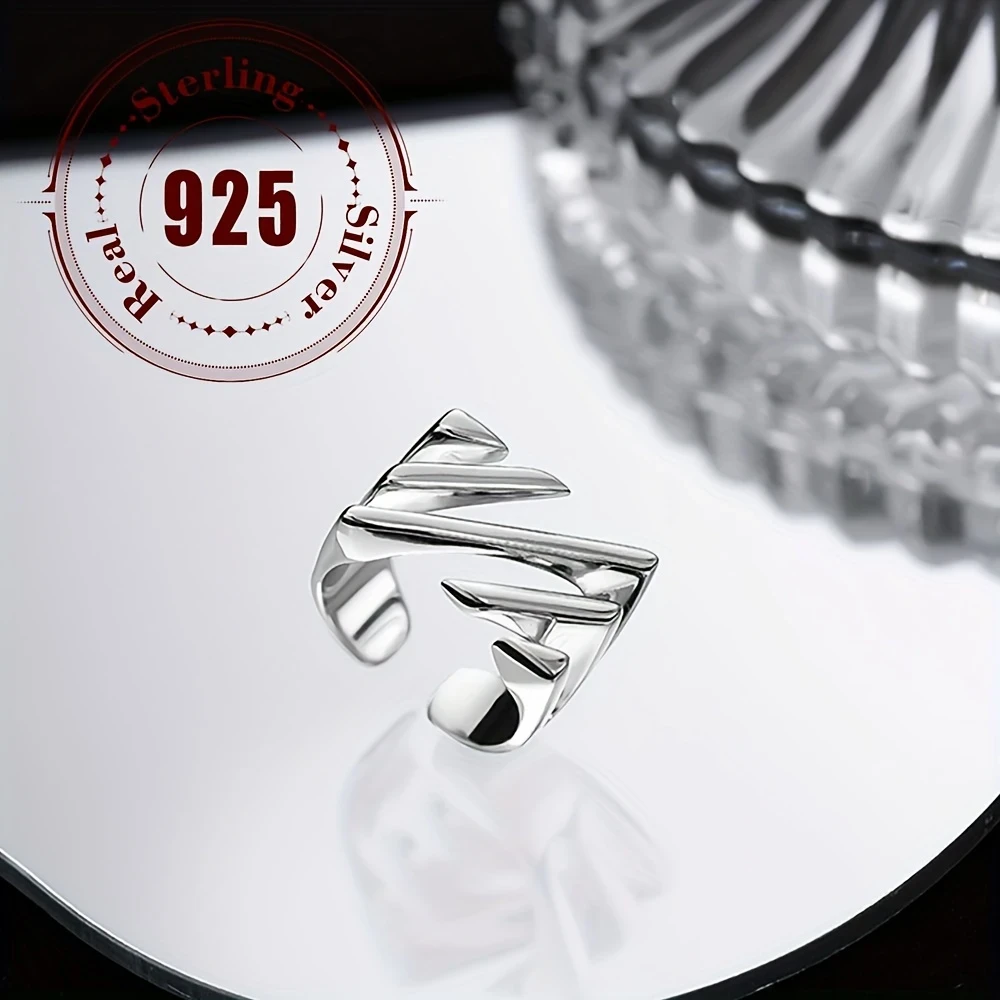 925 Sterling Silver Herringbone Multi-Layer Ring | Adjustable Open Design | Geometric Hollow Statement Band