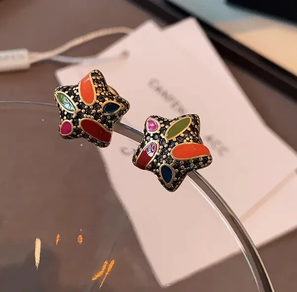 Five Pointed Star Enamel Earrings, Light Luxury