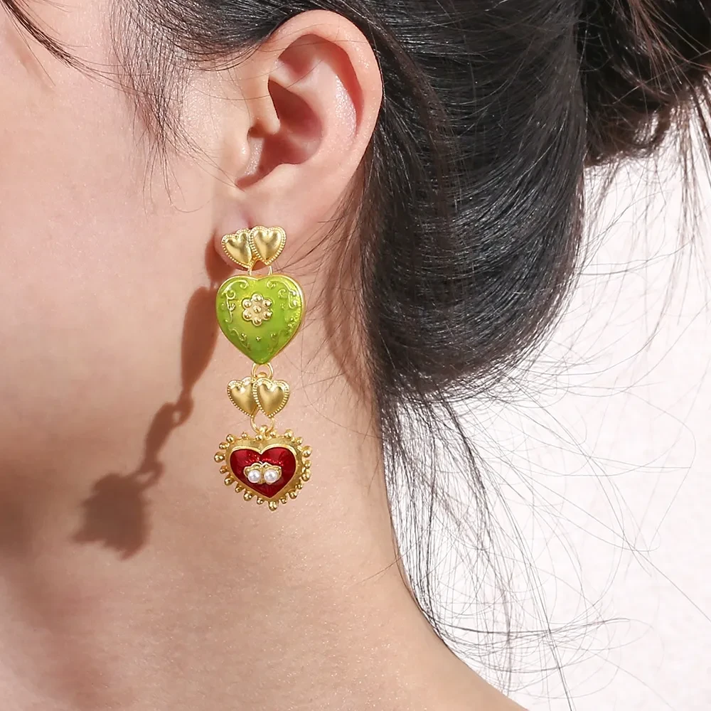 Middle Ancient Palace Style Diamond Drop Oil Heart Earrings