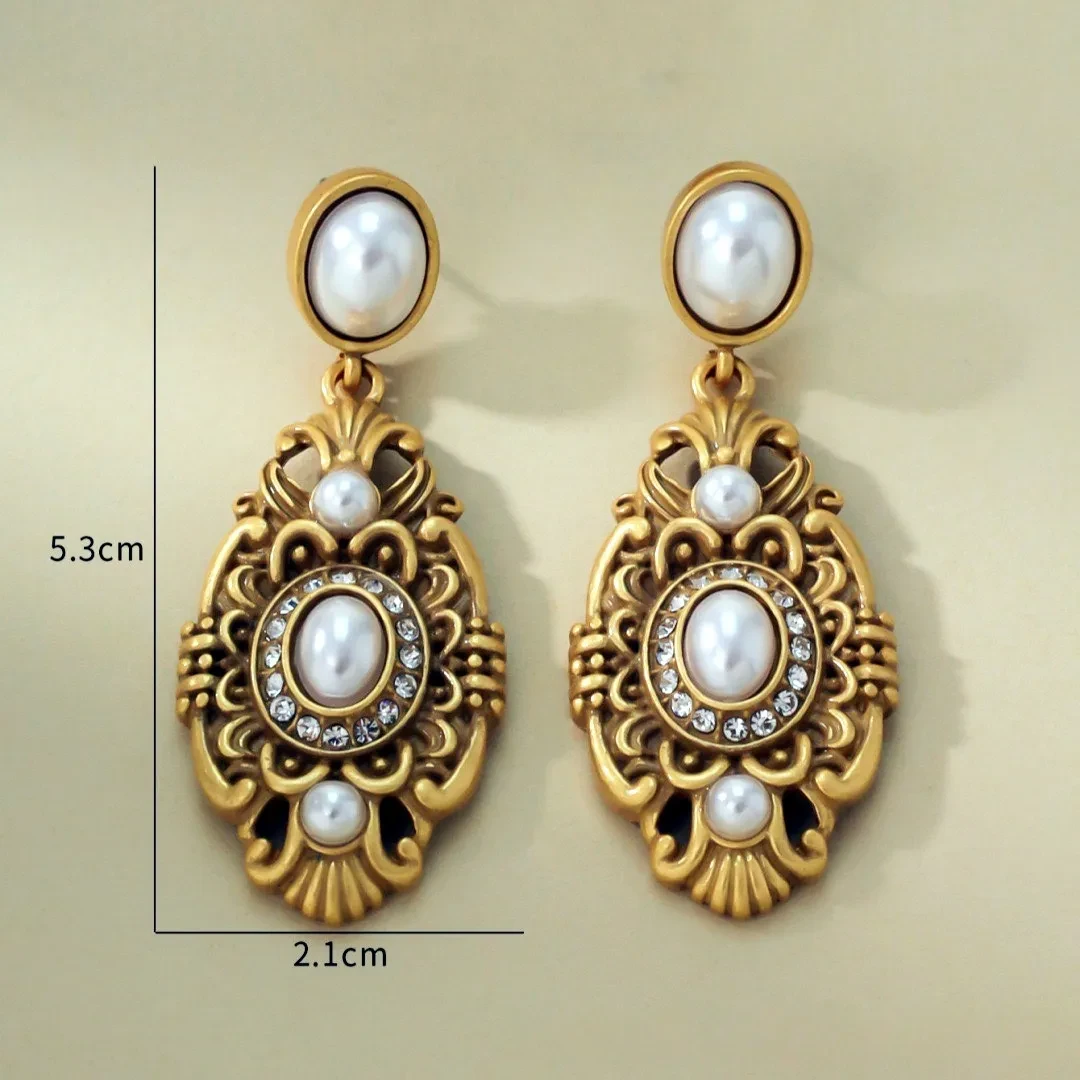 Retro Alloy Pearl Old Gold Silver Earrings