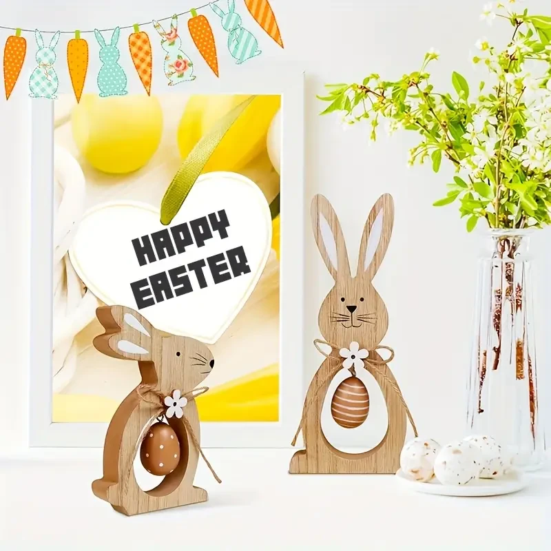 wooden bunny, egg, and flower-themed party centerpiece