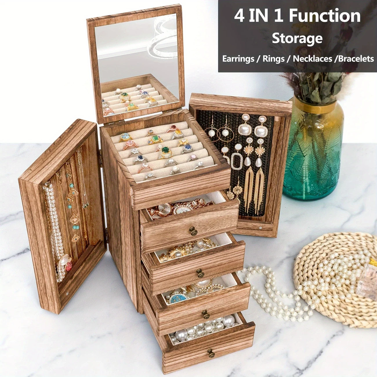 5-Tier Rustic Wooden Jewelry Box with Mirror & Drawers