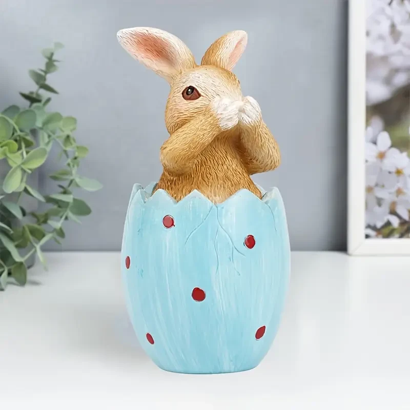 Charming Blue Silent Easter Bunny Resin Statue