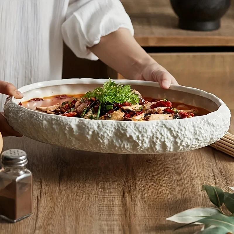 Luxury Ceramic Seafood Serving Platter with Textured Rim