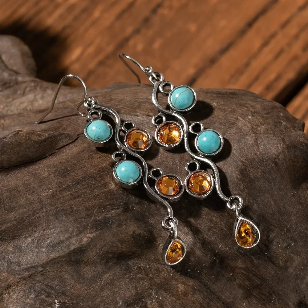 Turquoise Inlaid Tassel Long Delicate Earrings